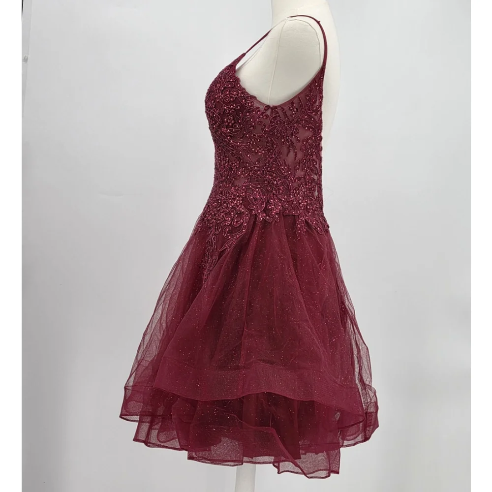 Pageant May Queen Beaded Tulle Party Dress Women’s 4 Burgundy Fit & Flare Formal - Picture 4 of 12